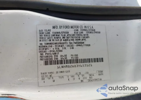 2003 Lincoln Town Car Signature из США, поврежденный, VIN 1LNHM82W83Y653121